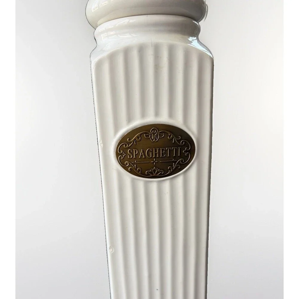 THL White Ceramic Spaghetti Canister Farmhouse Ribbed Jar Bronze Label Lace Lid